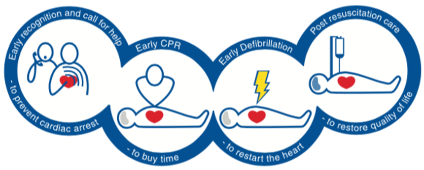 Diagram of the Chain of survival - early calling 999, early CPR, early defibrillator and early ambulance arrival