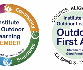 Institute for Outdoor Learning Member two logos, one the Institute for Outdoor learning, the other showing outdoor first aid course aligned